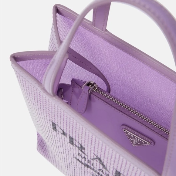 PRADA Logo Sequined Small Lily Tote Mesh Semi Transparent w Pouch Purple NWT NEW - Picture 2 of 7